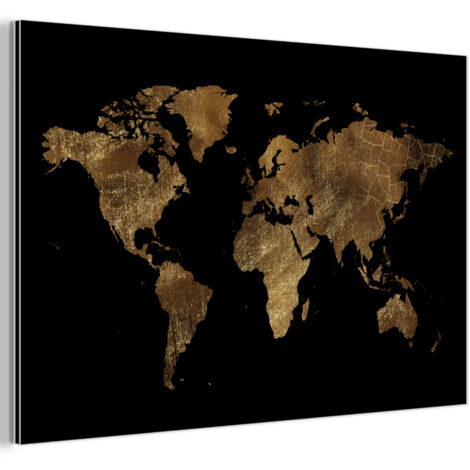 TABLEAU EN MÉTAL Carte du monde - Or - Luxe - Terre - Noir Décoration Murale 120x80