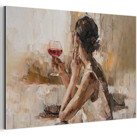 TABLEAU EN MÉTAL Peinture à l'huile - Femme - Vin Tableau Décoration Murale 60x40 (1/5)