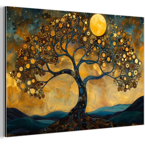 TABLEAU EN MÉTAL Arbre - Lune - Fleurs - Or - Art Tableau Décoration Murale 60x40 (1/5)