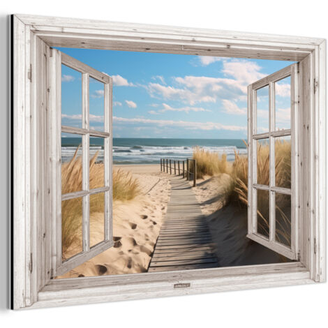 TABLEAU EN MÉTAL Fenêtre - Mer - Côte - Nature - vue - Plage - Mer des Wadden Décoration Salon 90x60 (1/5)