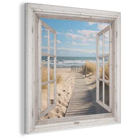 TABLEAU ACOUSTIQUE Fenêtre - Mer - Côte - Nature - vue - Plage - Mer des Wadden Anti-Bruit 90x90 cm