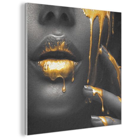 TABLEAU ACOUSTIQUE Femme - Noir - Or - Visage - Lèvres Anti-Bruit 90x90 cm (1/5)