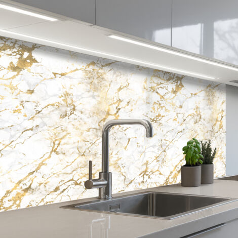 REVETEMENT MURAL DE CUISINE, CRÉDENCE DE CUISINE Éclats d'or - Blanc - Marbre 100x60 (1/5)