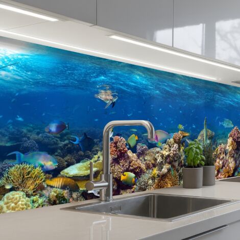 REVETEMENT MURAL DE CUISINE, CRÉDENCE DE CUISINE Paysage sous-marin - Poisson - Tortue - Bleu 250x60 (1/5)