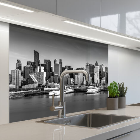 REVETEMENT MURAL DE CUISINE, CRÉDENCE DE CUISINE Skyline - Ville - Gratte-ciel - Noir - Blanc 100x80 (1/5)