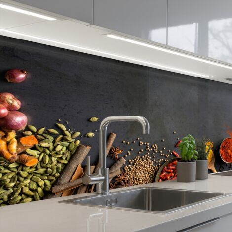 REVETEMENT MURAL DE CUISINE, CRÉDENCE DE CUISINE Herbes - Aliments - Épices - Noir - Paprika - Cannelle 150x80 (1/5)