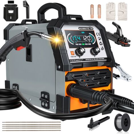 Soudeur 3 en 1 120A IGBTPoste a souder MIG fil fourre, MMA et Lift TIG, avec ecran numerique, anti-collase, hot start, ventilation 360°pour usage intensif