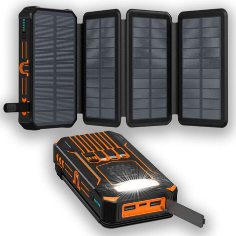 Batterie externe solaire 36800 mAh – Batterie externe étanche équipée de 4 panneaux solaires,Lampe LED,2 ports USB-A et 1 port USB-C, idéale pour le camping, la recharge de téléphones portables et de