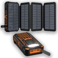 Batterie externe solaire 36800 mAh – Batterie externe étanche équipée de 4 panneaux solaires,Lampe LED,2 ports USB-A et 1 port USB-C, idéale pour le camping, la recharge de téléphones portables et de