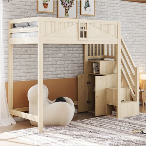 Lit mezzanine 90x200cm, lit simple, bois massif, sécurité unique avec fenêtre, échelle de latérale gauche et droite interchangeable, lit multifonction (1/5)