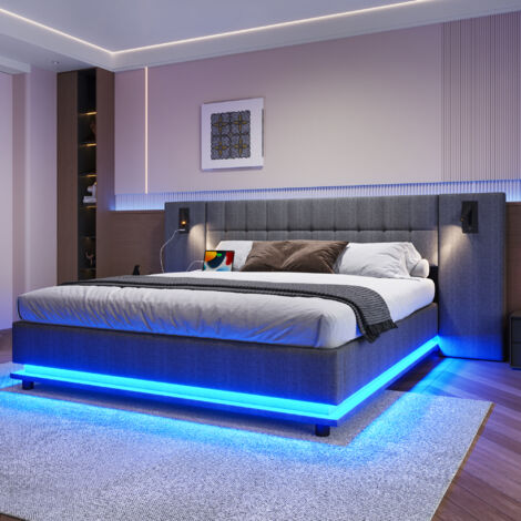 Lit capitonné 180x200cm avec bande LED et spot et USB, lit 180x200 avec sommier, senza materasso, lino, Gris (1/5)
