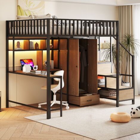 Lit mezzanine 140x200 cm, lit en fer, métal, avec bureau, étagère, armoire et tiroirs, échelle de rangement et barrière, prise de courant et LED, noir (1/5)