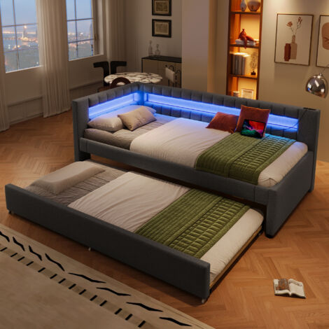 Lit de jour, canapé-lit, 90 x 200 cm, lit avec éclairage LED télécommandé au pied du lit, lit gigogne (sans matelas), USB + USB-C, lin, gris (1/5)