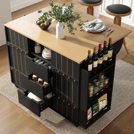 Îlot de cuisine moderne 130x70x90cm, chariot de cuisine à roulettes, plan de travail rabattable, chariot de service avec portes coulissantes et tiroirs(noir)