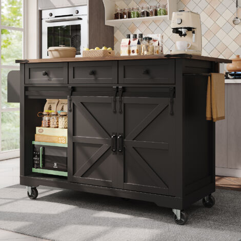 Chariot de cuisine, îlot de cuisine moderne, plan de travail pliable, chariot de service avec portes et tiroirs, armoire(noir,140x73x94cm)
