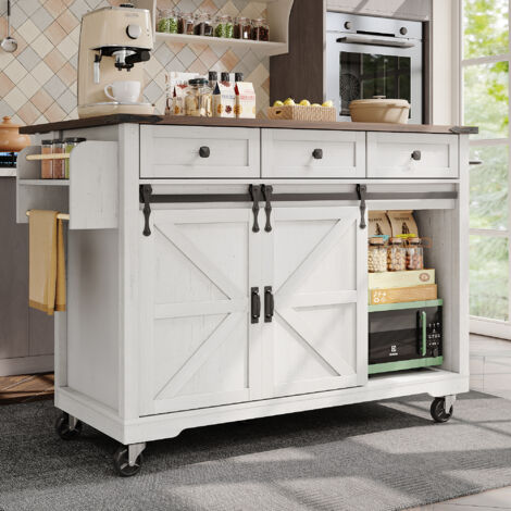 Chariot de cuisine, îlot de cuisine moderne, plan de travail pliable, chariot de service avec portes et tiroirs, armoire(blanc,140x73x94cm)