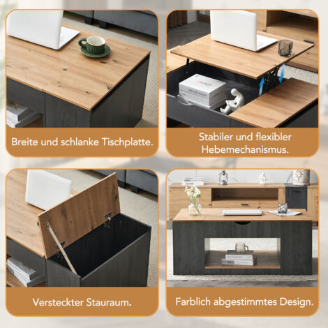 Table basse - plateau relevable - Table de Salon Moderne avec Rangement Caché - 100 x 50 x 43 cm, Blanc + couleur bois - Maison