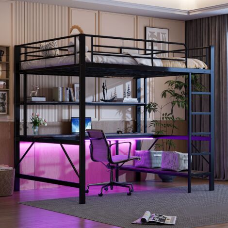 Lit mezzanine, 140x200 cm, avec rambarde, échelle, prises USB et électrique, LED, bureau, étagère à plusieurs niveaux, sans matelas, métal, noir