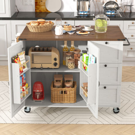 Chariot de cuisine, îlot de cuisine moderne, plan de travail pliable, chariot de service avec portes et tiroirs, armoire(blanc,140x73x92.5cm)