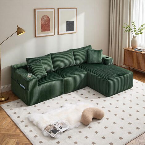 Canapé modulaire 3 place,Canapé d'angle en L avec poches latérales et porte-gobelet,canapés de compression,Tissu velours côtelé,257x160x62cm(Émeraude)
