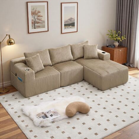 Canapé modulaire 3 place,Canapé d'angle en L avec poches latérales et porte-gobelet,canapés de compression,Tissu velours côtelé,257x160x62cm(kaki)