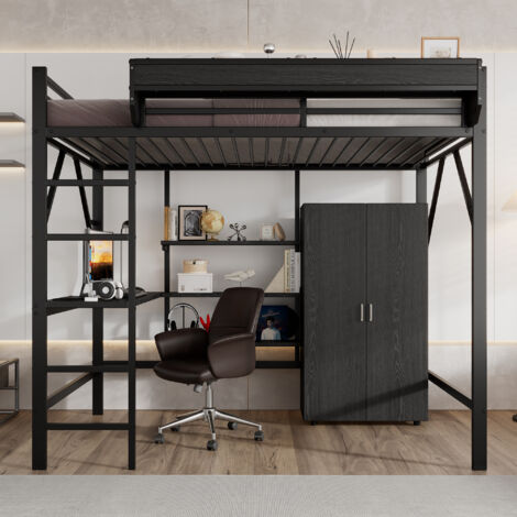 Lit mezzanine 140x200cm noir, grand lit simple adulte/adolescent, métal & MDF, bureau avec rangement, placard, échelle sécurisée