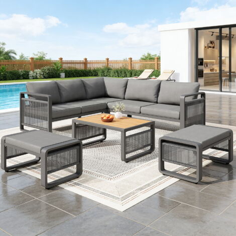 Seyakany Ensemble de Salon de jardin en corde tressée à la main,pour 6-7 personne,Canapé extérieur d'angle avec chaises longue,pieds réglable(Gris)