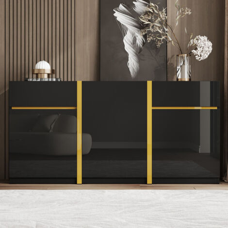 Buffet, 160x40x78 cm, finition laquée brillante, meuble de rangement moderne, 3 portes et 2 tiroirs, idéal pour le salon, la salle à manger, noir