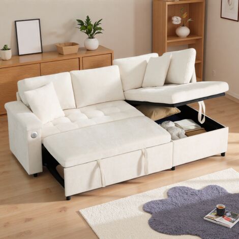 Seyakany Canapé convertible 3 places avec rangement,port USB, accoudoir avec rangement,2 coussins,canapé d'angle en L,canapé 3 places,chenille,beige