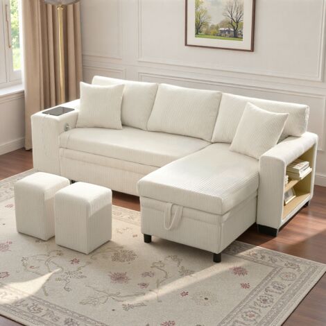 Seyakany Canapé convertible 3 places avec port USB, étagères latérales,rangements,coussins,canapé d'angle en L,canapé 3 places,velours côtelé,beige (1/5)