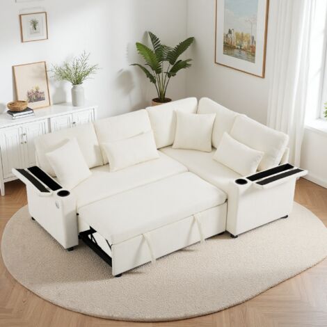 Seyakany Canapé convertible 3 places avec port USB,rangement, porte-gobelet,accoudoir avec rangement,canapé d'angle,canapé 3 places,chenille,beige