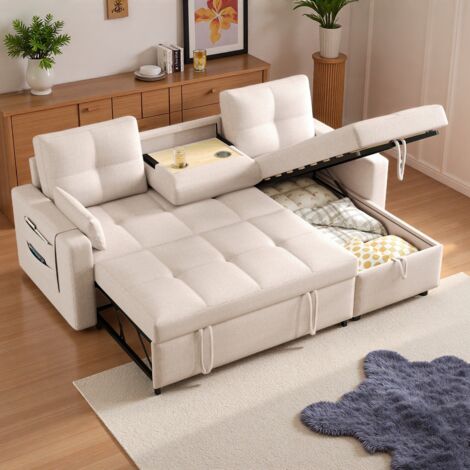 Seyakany Canapé convertible 3 places avec porte-gobelet pliable, rangement, canapé d'angle en L,canapé 3 places,lin,beige