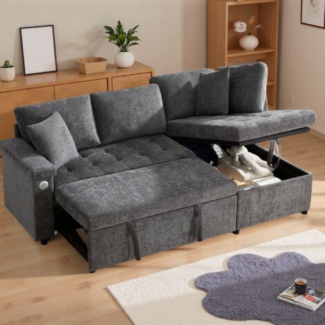Seyakany Canapé convertible 3 places avec rangement,port USB, accoudoir avec rangement,2 coussins,canapé d'angle en L,canapé 3 places,chenille,Gris