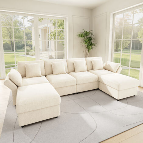 Canapé modulable 6 places,canapé d'angle en U/L avec accoudoirs réglables et 2 poufs,canapé Cloud avec 4 coussins et 2 appuie-têtes,chenille(Beige)