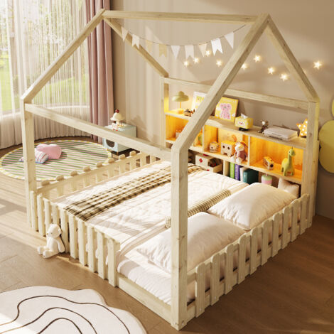 Lit enfant 140x 190cm avec LED,barrière de sécurité,compartiments de rangement ouverts,lit cabane enfants en pin,cadre de lit 140 x 190,Naturel