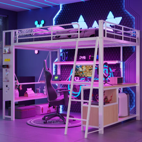 Lit mezzanine enfant en fer 140x200 cm,LED,port USB,bureau,espace de rangement,plusieurs étagères,panneau perforé,cadre de lit superposé,blanc