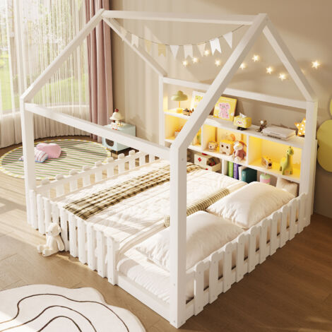 Lit enfant 140x 190cm avec LED,barrière de sécurité,compartiments de rangement ouverts,lit cabane enfants en pin,cadre de lit 140 x 190,blanc