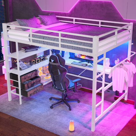 Lit mezzanine enfant 140x200 cm avec LED,bureau,prise électrique + port USB,3 tiroirs,étagères,lit superposé,cadre de lit mezzanine 1 place,blanc