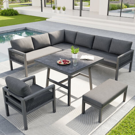 Ensemble de Salon de jardin extérieur en corde 7-8 personnes,canapé d'angle extérieur avec table (plateau en verre imitation bois) et fauteuil,gris