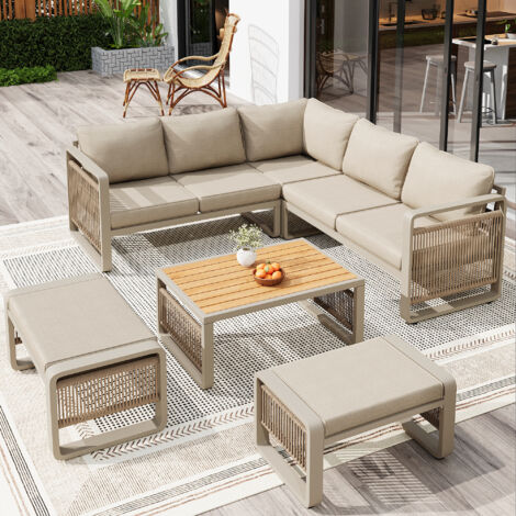 Ensemble de salon de jardin extérieur 6-7 personnes,canapé d'angle de jardin en corde tressée à la main avec tables,beige