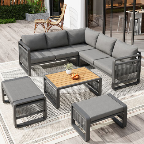 Ensemble de salon de jardin extérieur 6-7 personnes,canapé d'angle de jardin en corde tressée à la main avec tables,gris