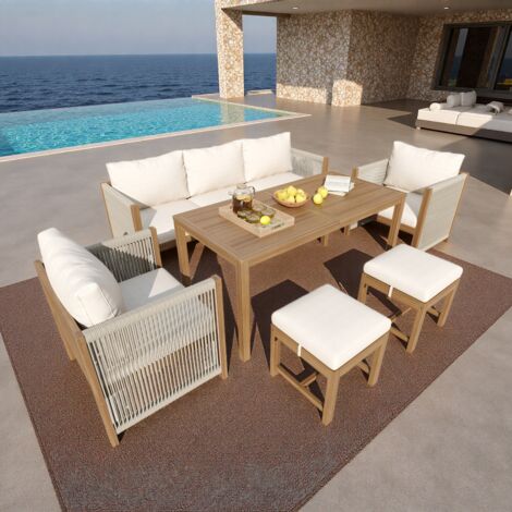 Ensemble de Salon de jardin extérieur en corde,canapé 3 places+2 fauteuils+2 tabourets+table à manger,structure et plateau en acacia,beige