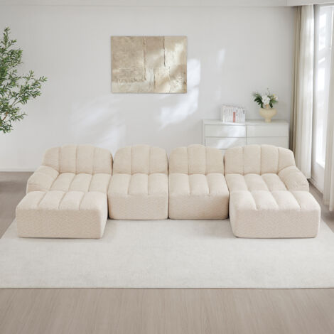 Canapé modulaire 4 places, Canapé d'angle en L sans cadre, forme de coque, 2 pouf, coussins d'assise profonds, aucun assemblage requis, Beige et Blanc