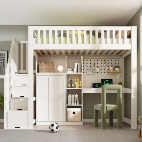Lit mezzanine  90x200cm, lit enfant, blanc, avec bureau, armoire échelle et penderie, étagères, ports USB/USB-C, sommier à lattes, matelas non inclus