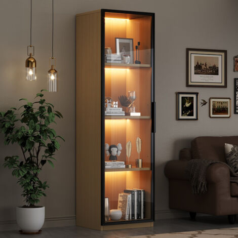 Vitrine avec porte vitrée, 40×40×165 cm, meuble haut et étroit, MDF, avec verre trempé, éclairage LED et charnières à fermeture douce, couleur chêne