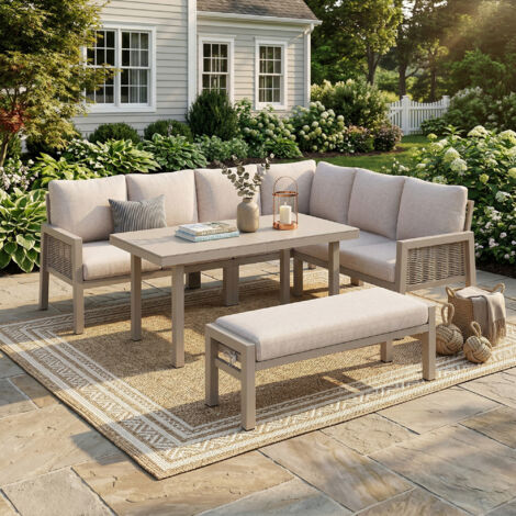 Salon de jardin exterieur en corde pour 8 personnes,canapé d'angle+salle à manger+des bancs,fer galvanisé,plateau en verre,kaki (1/5)