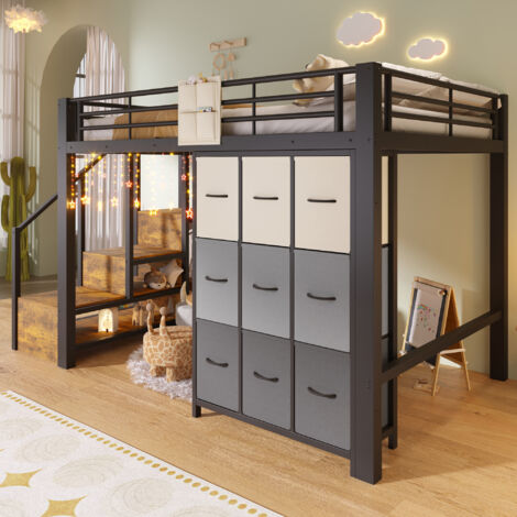 Seyakany Lit mezzanine enfant avec tiroirs,penderie,rambarde,métal Lit superposé avec escalier avec rangements intégrés,sans matelas(140x200cm,Noir)