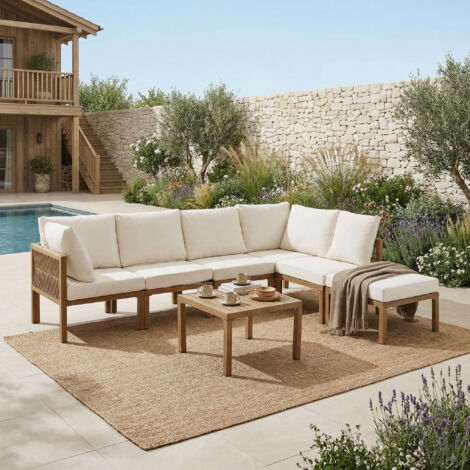 Ensemble de salon de jardin,chaises longues de jardin,canapé d'angle convertible en lit de jour,lit de jardin inclinable,table basse,beige et bois