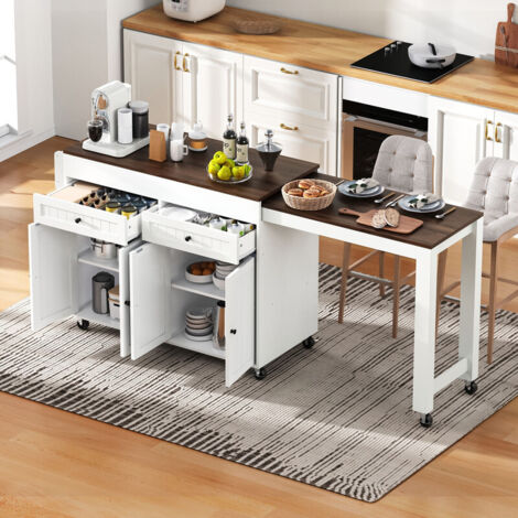 Îlot de cuisine mobiles 112-180.5×45×92.2 cm avec plan de travail,tiroirs,rangement,îlot de cuisine extensible avec salle à manger,blanc + noyer
