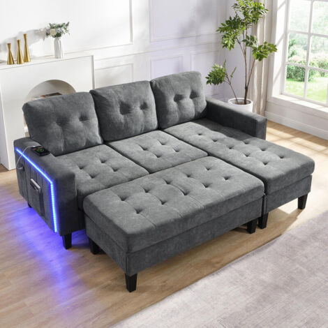 Ensemble canapé d'angle, avec pouf amovible extra, éclairage d'ambiance LED, canapé d'angle 3 places+pouf 2 places, canapé-lit modulaire, gris antique